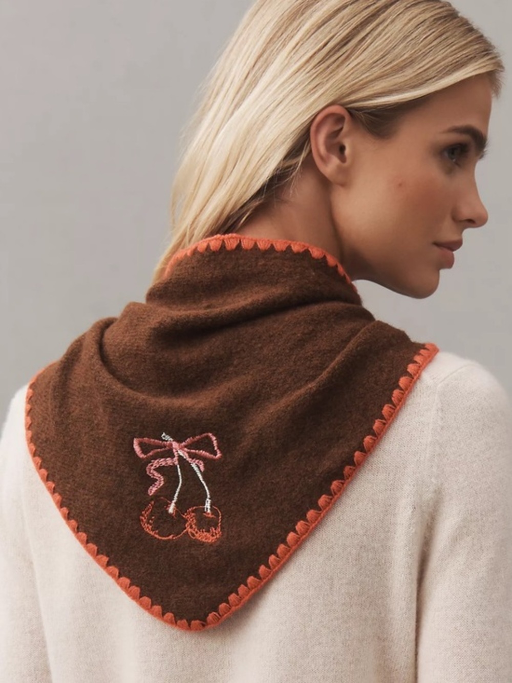 Anthropologie Triangle Scarf with Embroidered Cherries